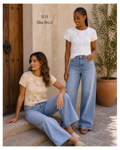 Camiseta crochet beige